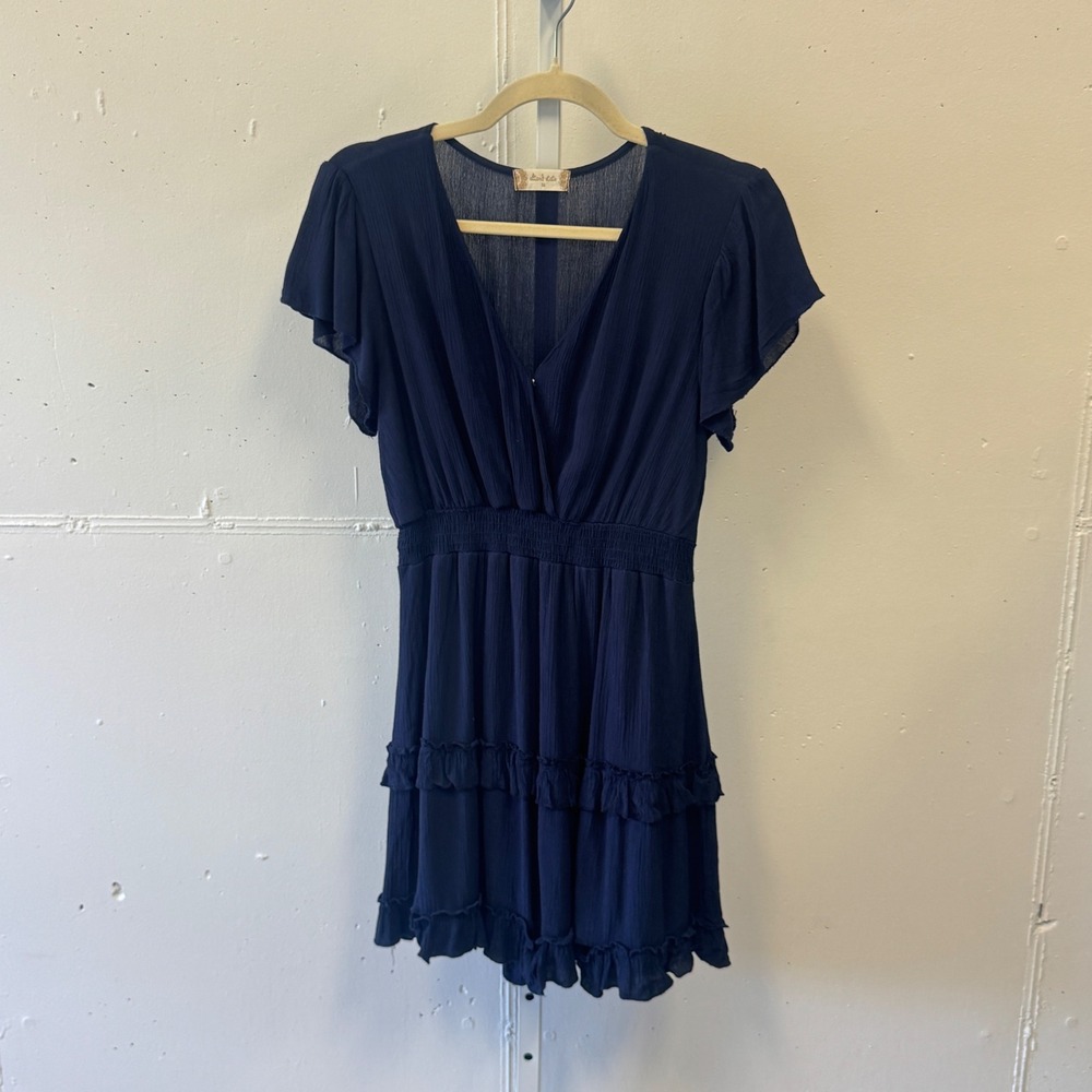 Altar'd‎ State Navy Blue Flutter Sleeve Smocked Waist Tiered Ruffle Mini Dress M
